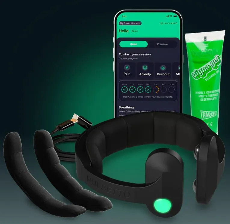 The Pulsetto device and the accessories included in the box