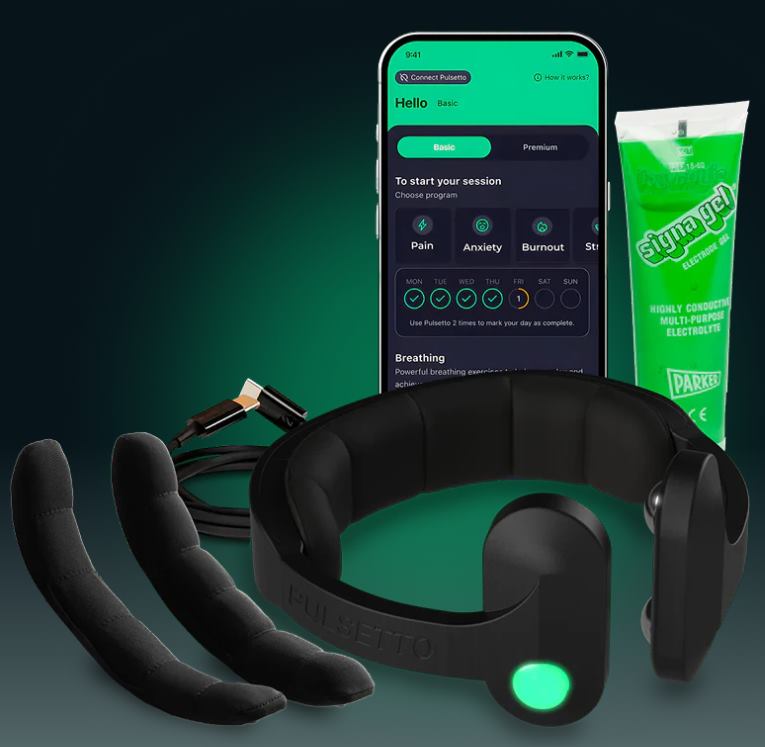 The Pulsetto device and accessories included in the box