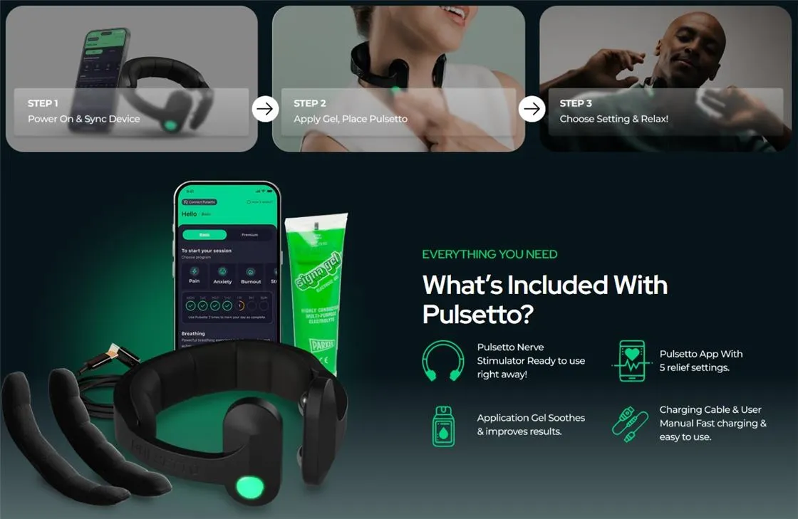 Pulsetto setup in 3 steps: power on and sync the device, apply gel and place Pulsetto, choose a setting and relax. Everything included: the nerve stimulator, the app with 5 relief settings, application gel, and charging cable with user manual